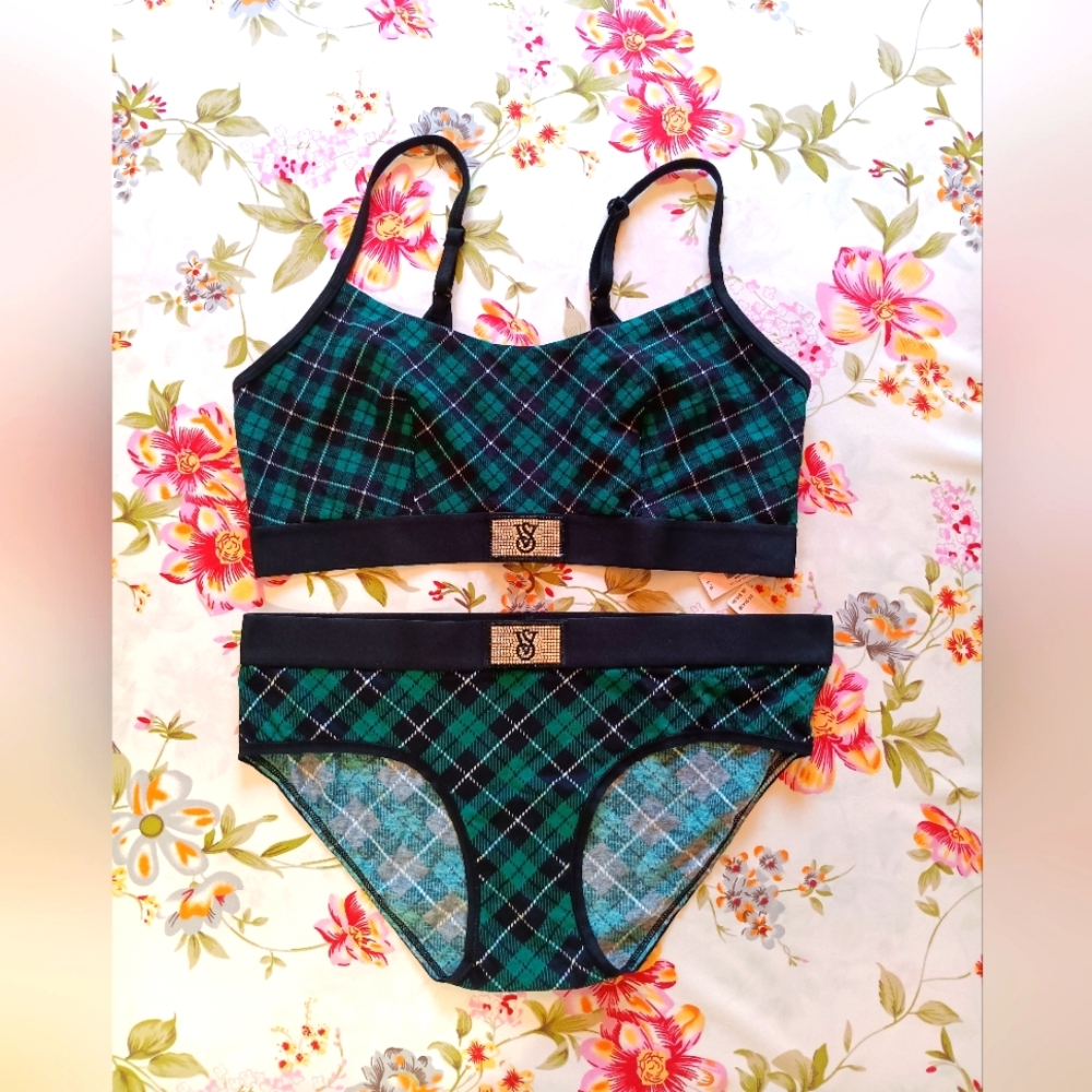 NWT Victoria's Secret Green Plaid Holiday Bling Bralette Bra Panty Large Medium